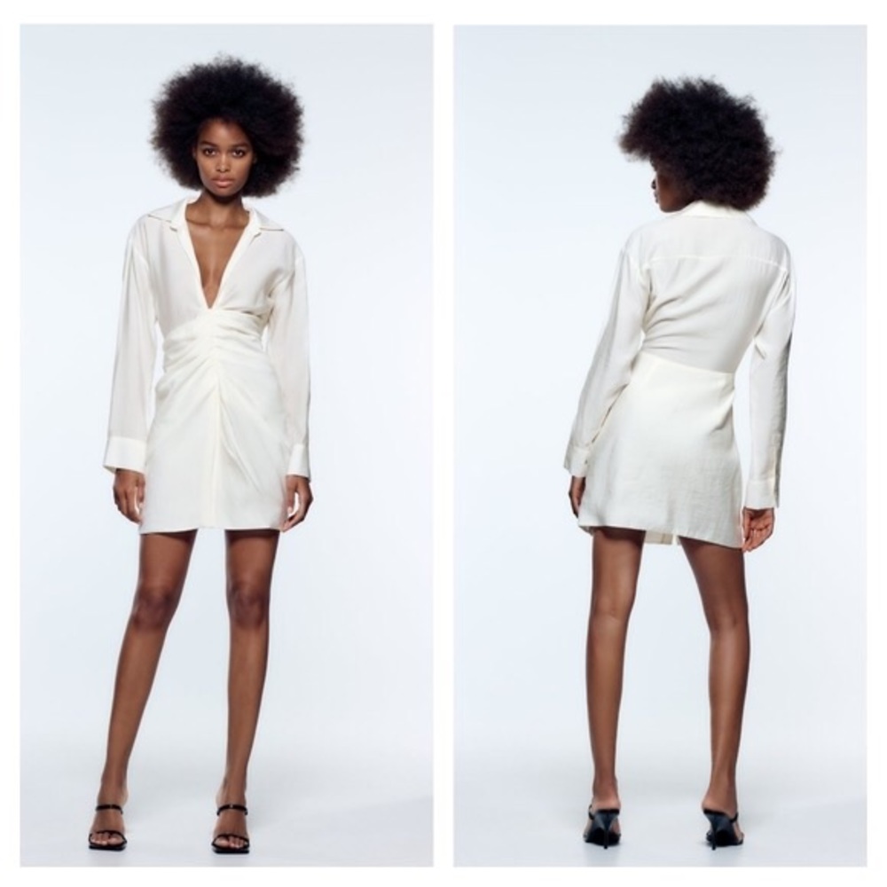Zara Draped Dress White Mini Ruched Shirt Dress